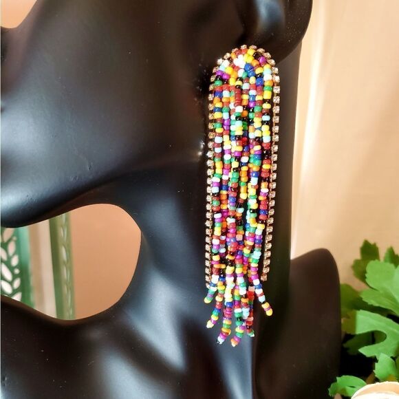 𝅺MULTI COLOR BOUND SEED BEAD FRINGE EARRINGS - Picture 2 of 5